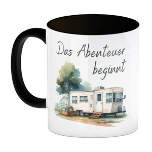 Wohnwagen Kaffeebecher mit Spruch Das Abenteuer beginnt