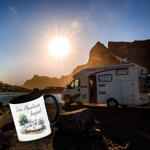 Wohnwagen Kaffeebecher mit Spruch Das Abenteuer beginnt