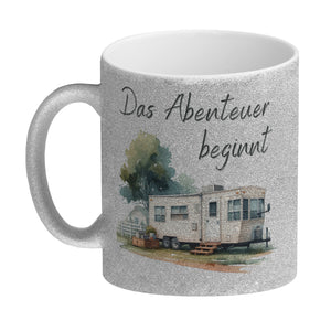 Wohnwagen Kaffeebecher mit Spruch Das Abenteuer beginnt