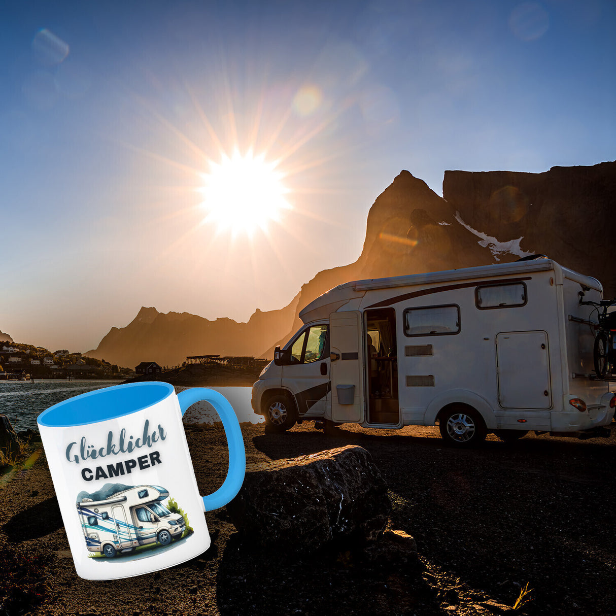 Wohnmobil Kaffeebecher mit Spruch Glücklicher Camper