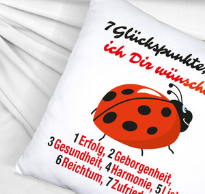 Marienkäfer Kissen mit Spruch Sieben Glückspunkte
