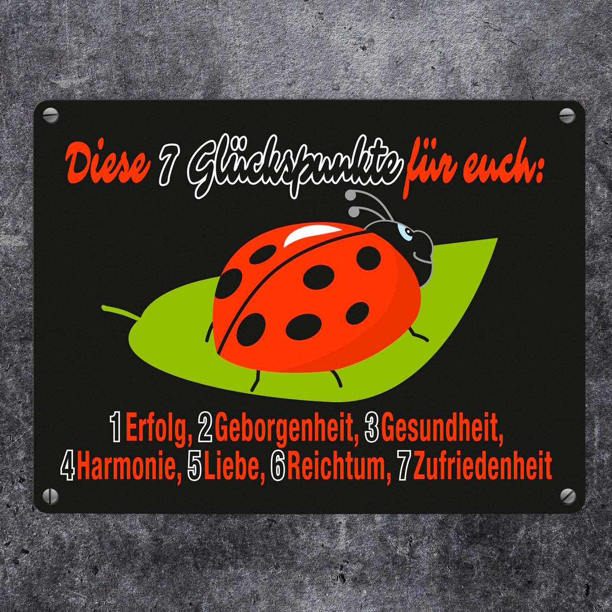 Marienkäfer Metallschild in 15x20 cm mit Spruch Sieben Glückspunkte