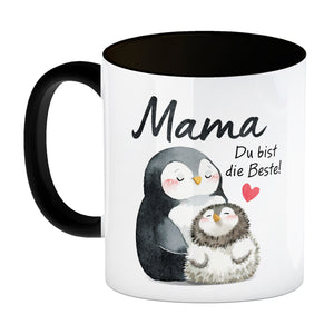 Pinguin Mutter und Kind Kaffeebecher mit Spruch Mama du bist die Beste