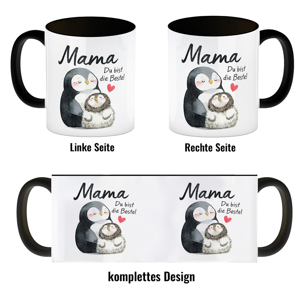 Pinguin Mutter und Kind Kaffeebecher mit Spruch Mama du bist die Beste