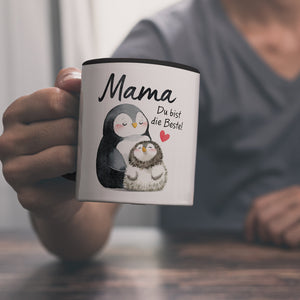 Pinguin Mutter und Kind Kaffeebecher mit Spruch Mama du bist die Beste