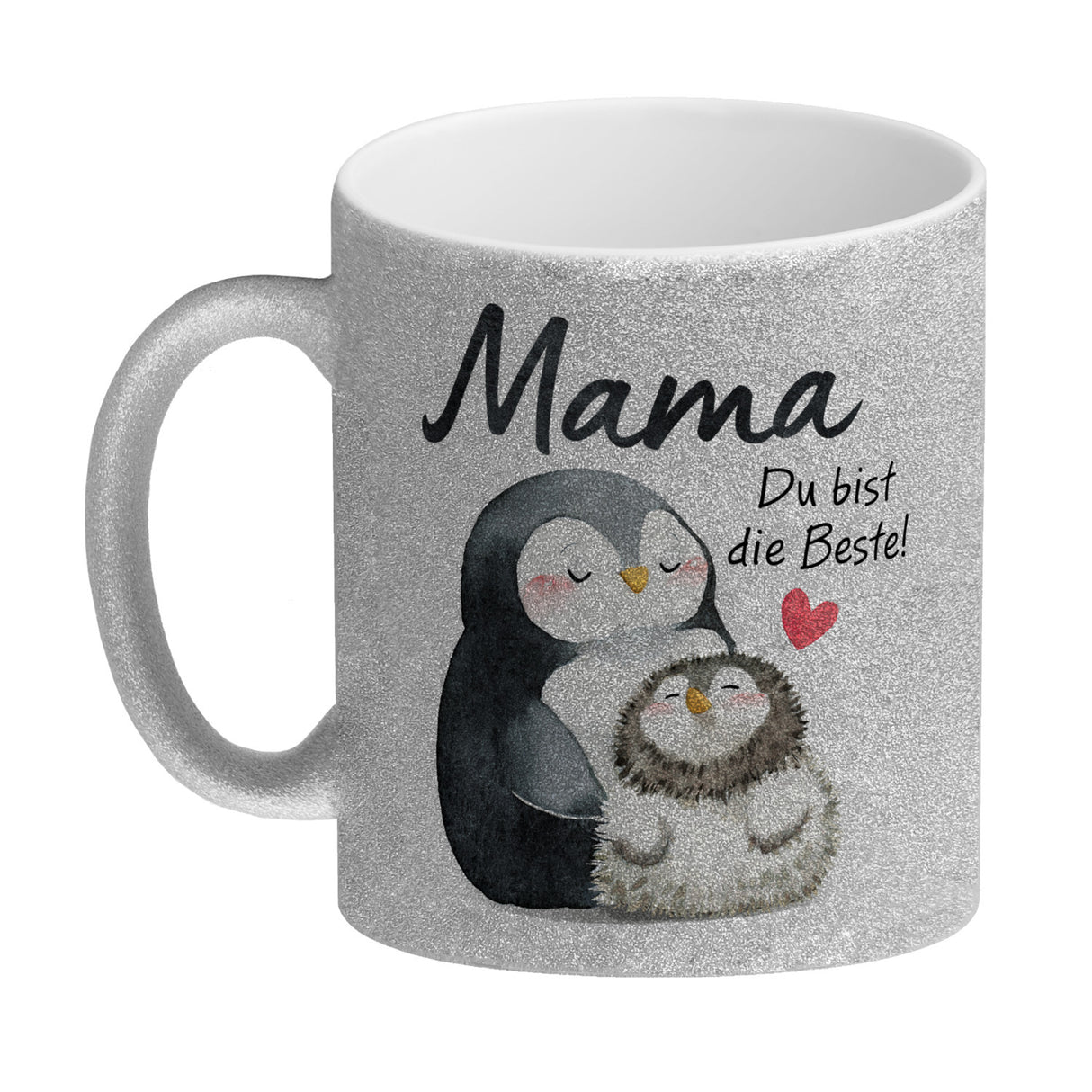 Pinguin Mutter und Kind Kaffeebecher mit Spruch Mama du bist die Beste