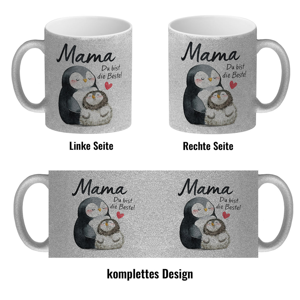 Pinguin Mutter und Kind Kaffeebecher mit Spruch Mama du bist die Beste
