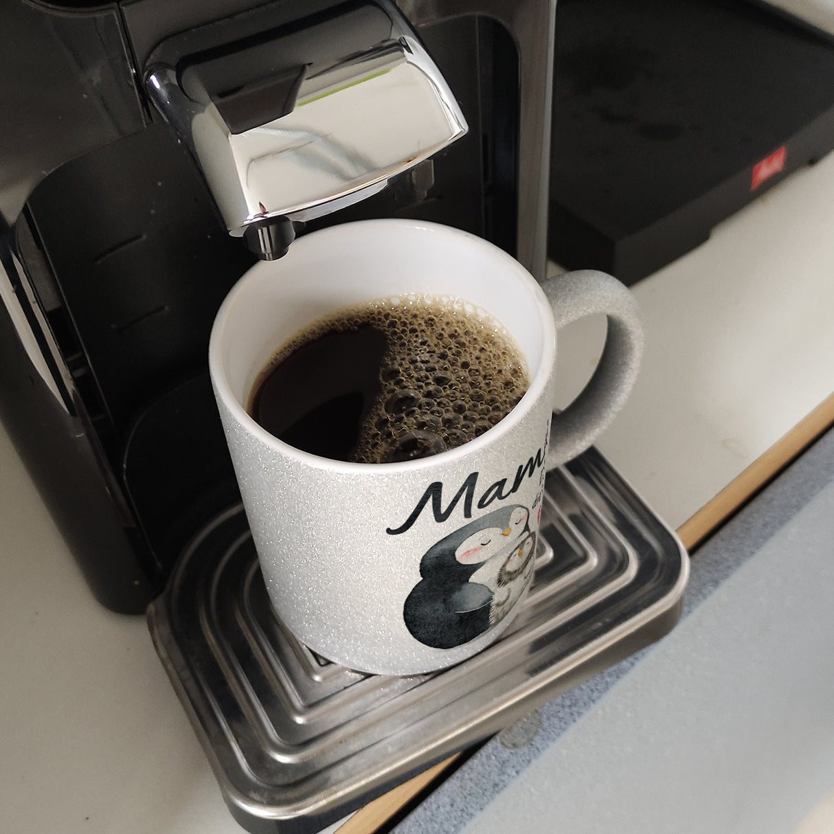 Pinguin Mutter und Kind Kaffeebecher mit Spruch Mama du bist die Beste