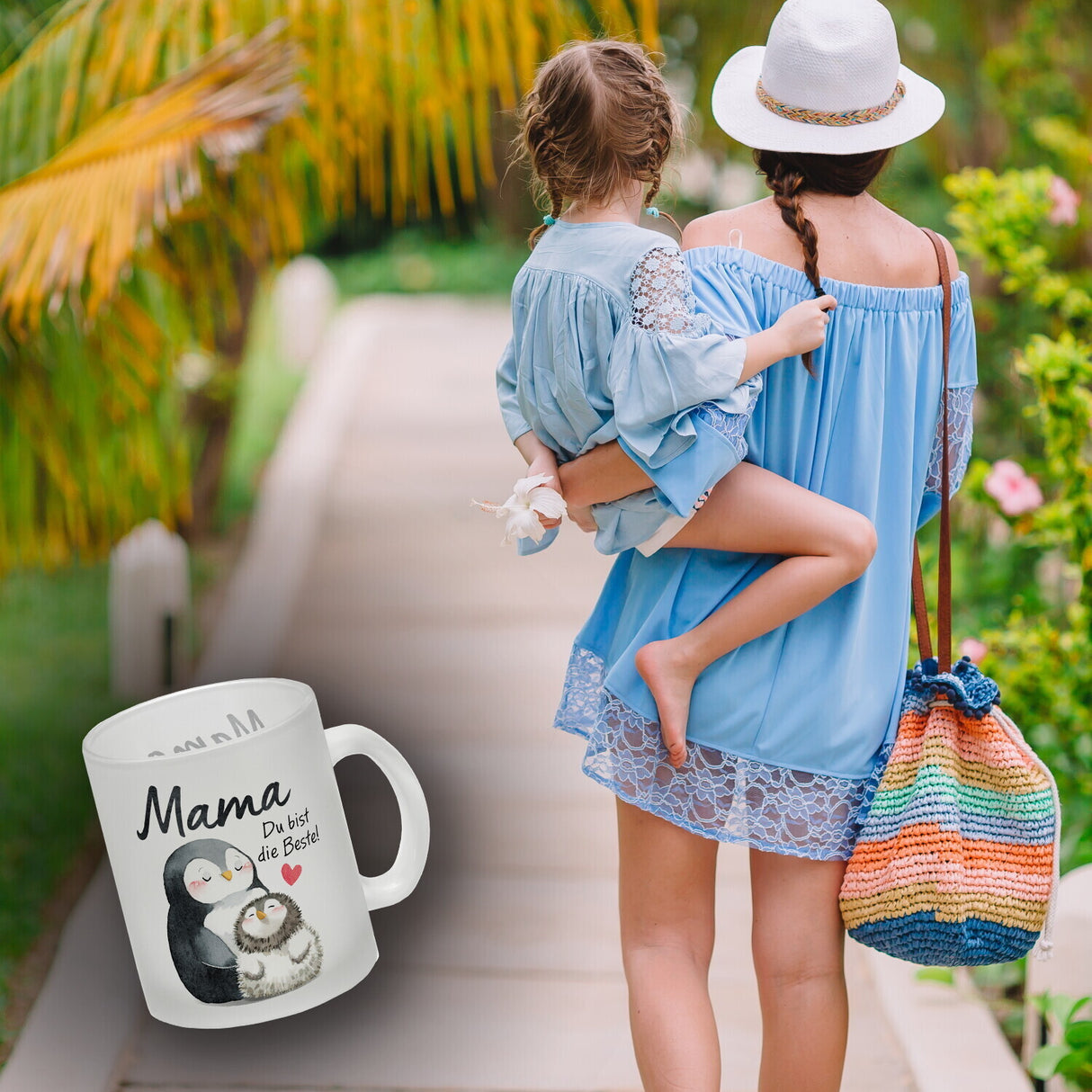 Pinguin Mutter und Kind Kaffeebecher mit Spruch Mama du bist die Beste