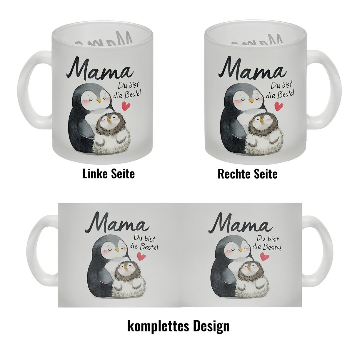 Pinguin Mutter und Kind Kaffeebecher mit Spruch Mama du bist die Beste