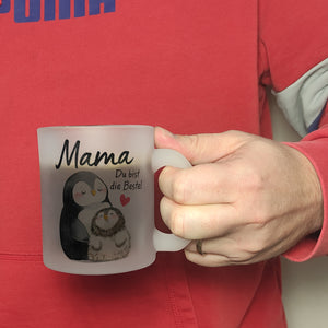 Pinguin Mutter und Kind Kaffeebecher mit Spruch Mama du bist die Beste