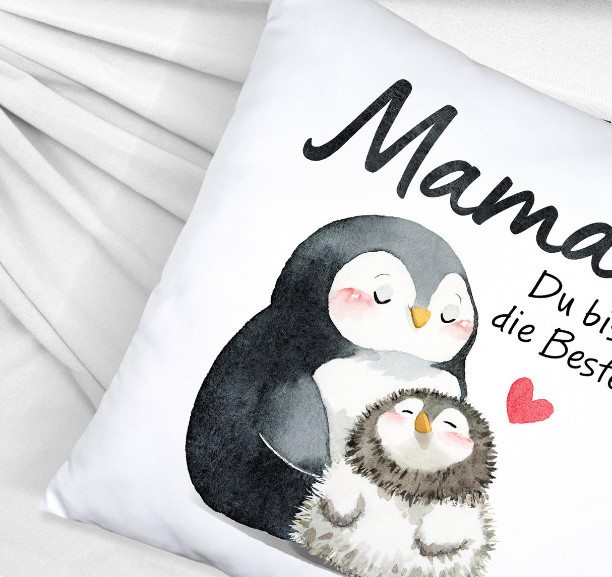 Pinguin Mutter und Kind Kissen mit Spruch Mama du bist die Beste
