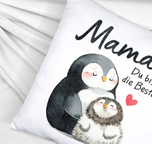 Pinguin Mutter und Kind Kissen mit Spruch Mama du bist die Beste