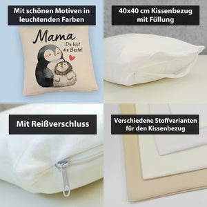Pinguin Mutter und Kind Kissen mit Spruch Mama du bist die Beste