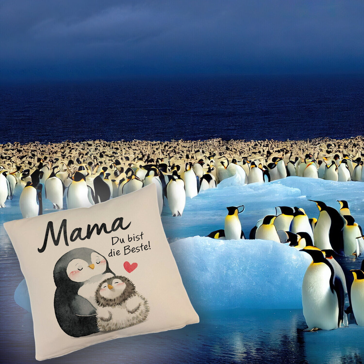 Pinguin Mutter und Kind Kissen mit Spruch Mama du bist die Beste