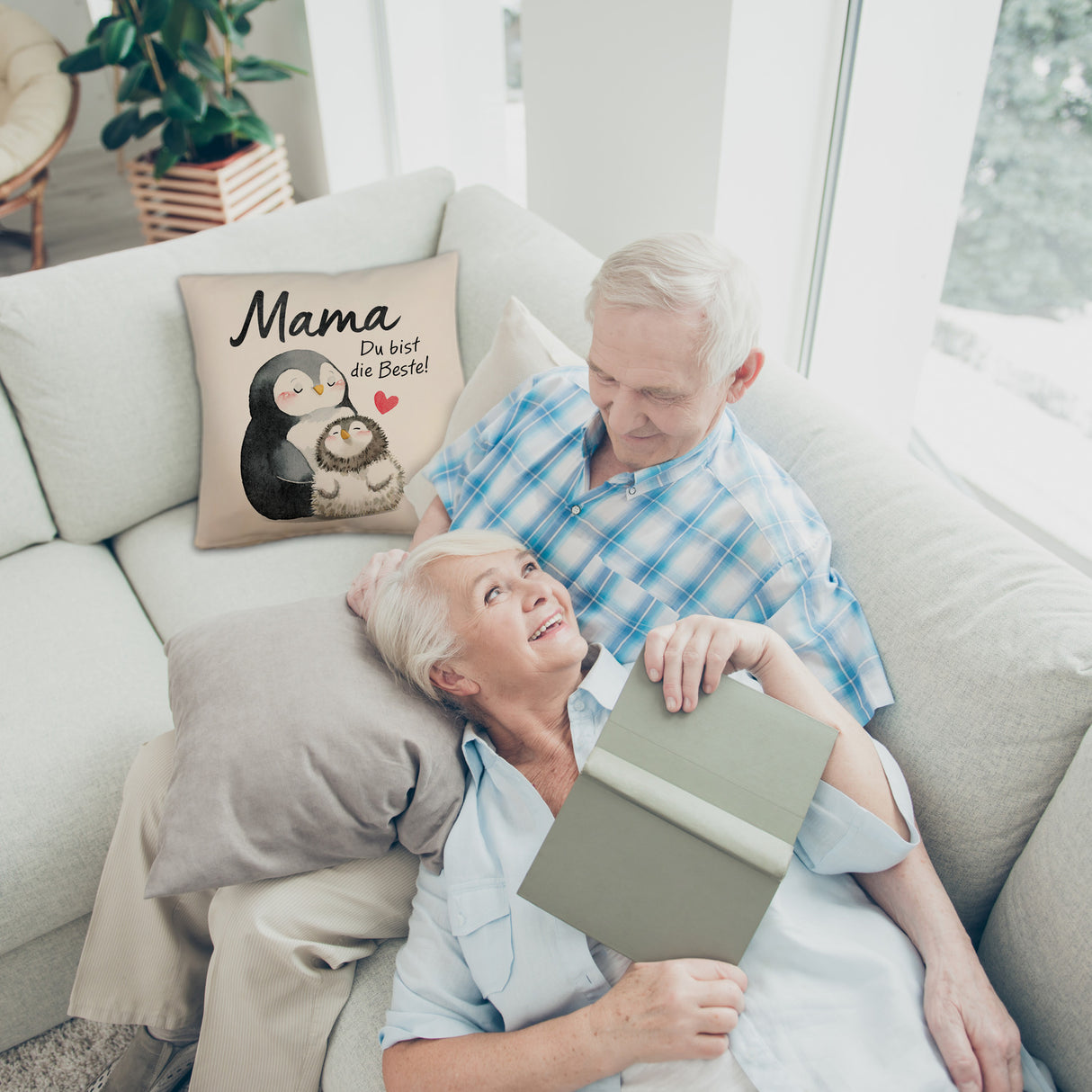 Pinguin Mutter und Kind Kissen mit Spruch Mama du bist die Beste