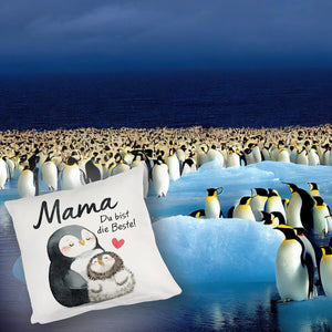 Pinguin Mutter und Kind Kissen mit Spruch Mama du bist die Beste