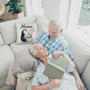 Pinguin Mutter und Kind Kissen mit Spruch Mama du bist die Beste