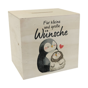 Pinguin Mutter und Kind Spardose mit Spruch Für kleine und große Wünsche