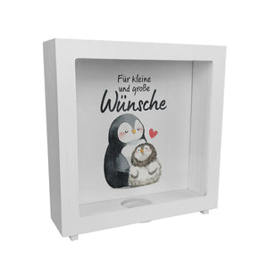 Pinguin Mutter und Kind Spardose mit Spruch Für kleine und große Wünsche