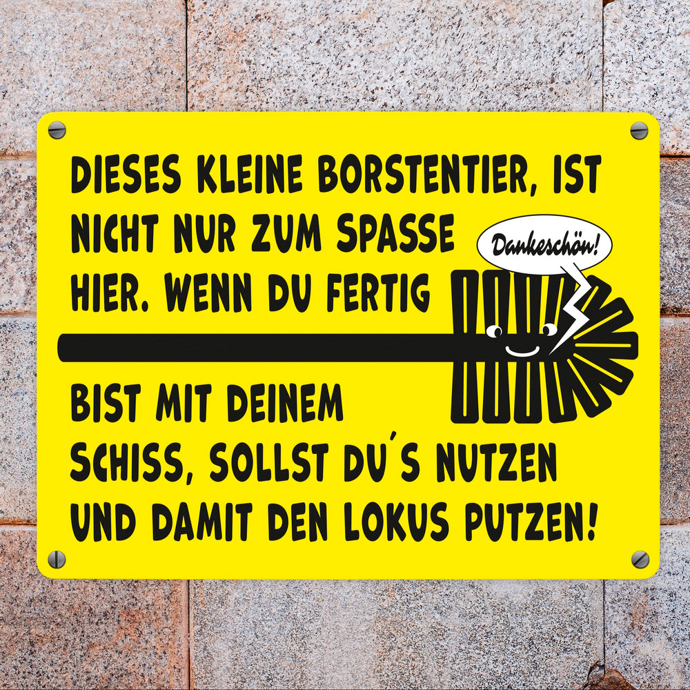 Toilette Metallschild in 15x20 cm mit Spruch Borstentier für saubere Toilette nutzen