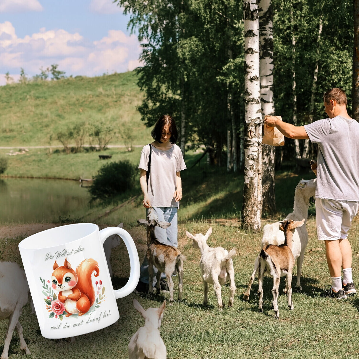 Eichhörnchen Kaffeebecher mit Spruch Welt schön da du dabei