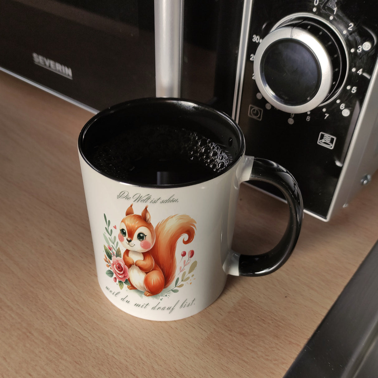 Eichhörnchen Kaffeebecher mit Spruch Welt schön da du dabei