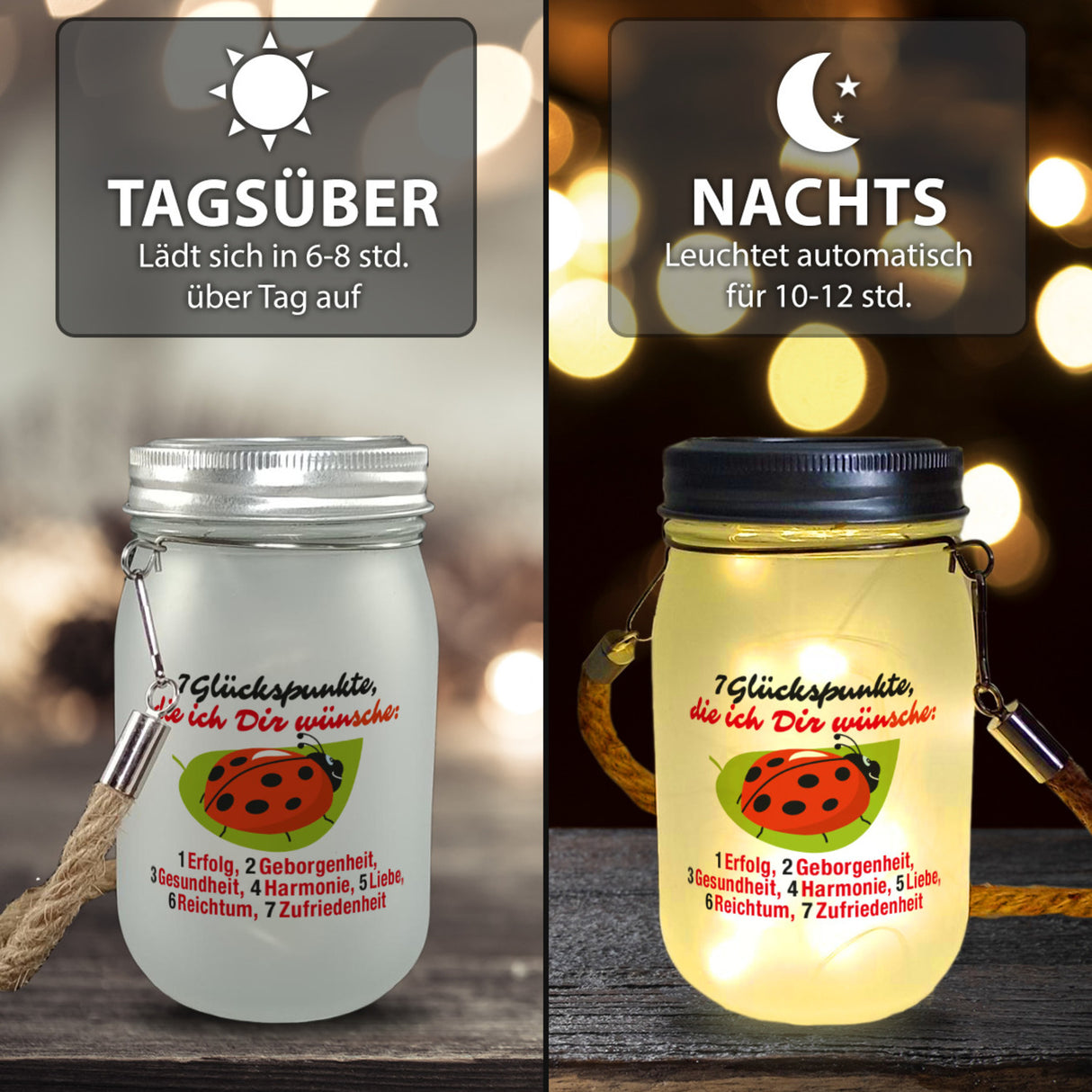 Marienkäfer Solarlicht mit Spruch Sieben Glückspunkte