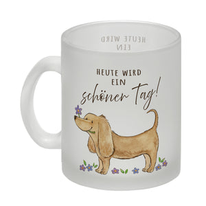 Dackel mit Blume Kaffeebecher mit Spruch Heute wird ein schöner Tag