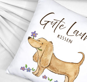 Dackel mit Blume Kissen mit Spruch Gute Laune Kissen
