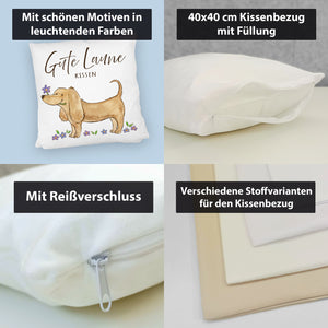 Dackel mit Blume Kissen mit Spruch Gute Laune Kissen