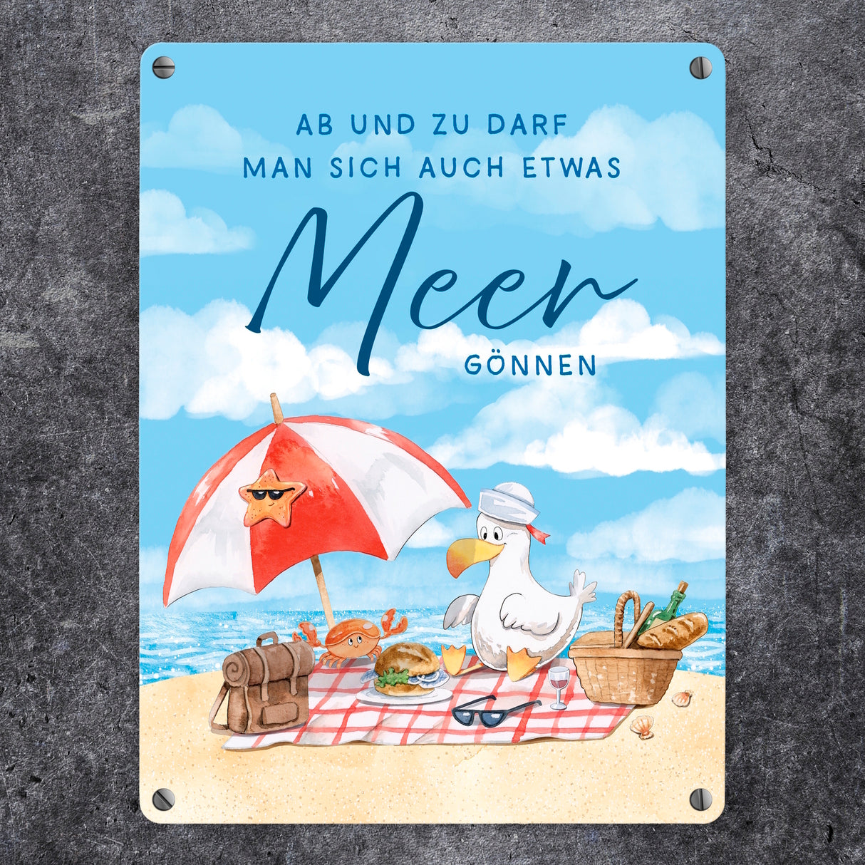 Möwe am Strand Metallschild in 15x20 cm mit Spruch Manchmal Meer gönnen