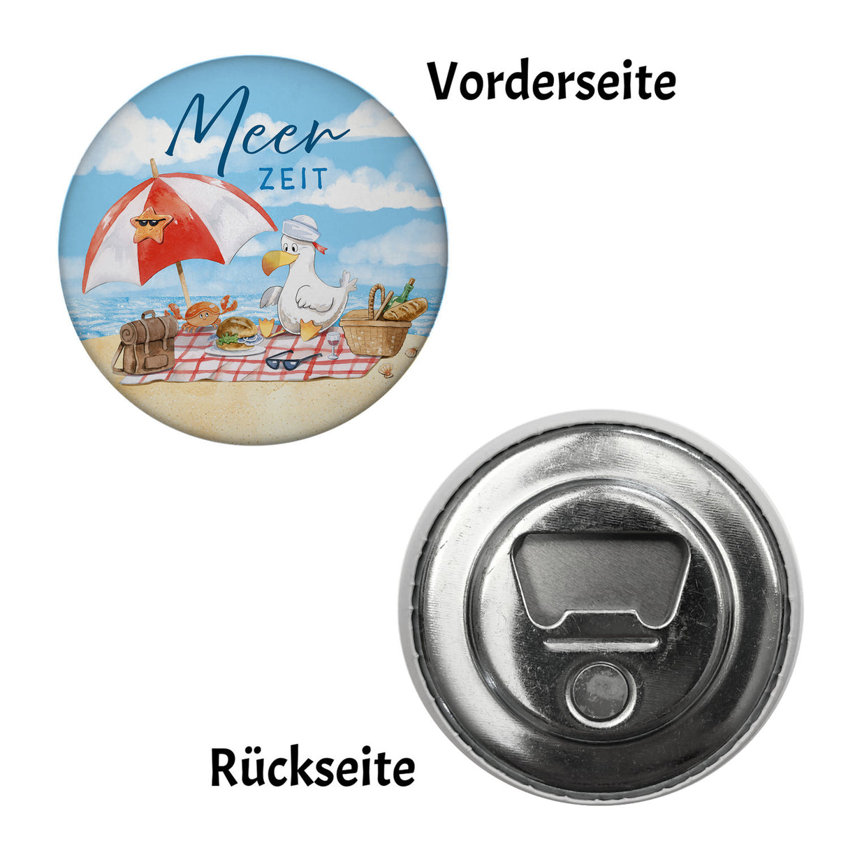 Möwe am Strand Magnet rund mit Spruch Meerzeit