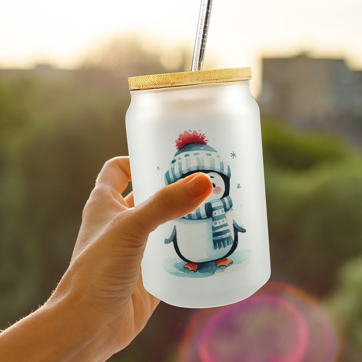 lustiger Pinguin Trinkglas mit Bambusdeckel