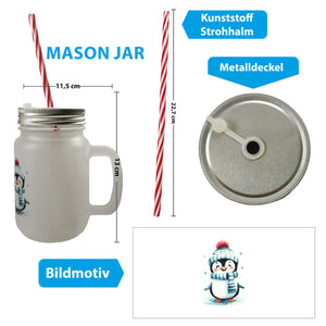lustiger Pinguin Trinkglas mit Bambusdeckel