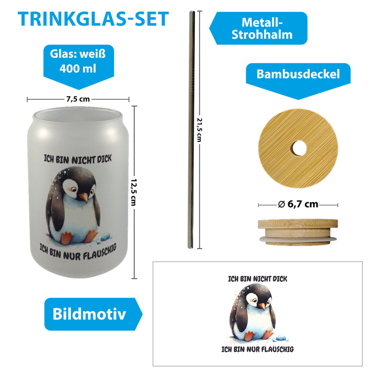 Flauschiger Pinguin Trinkglas mit Bambusdeckel mit Spruch Nicht dick nur flauschig