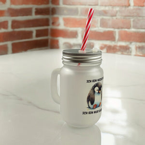 Flauschiger Pinguin Trinkglas mit Bambusdeckel mit Spruch Nicht dick nur flauschig
