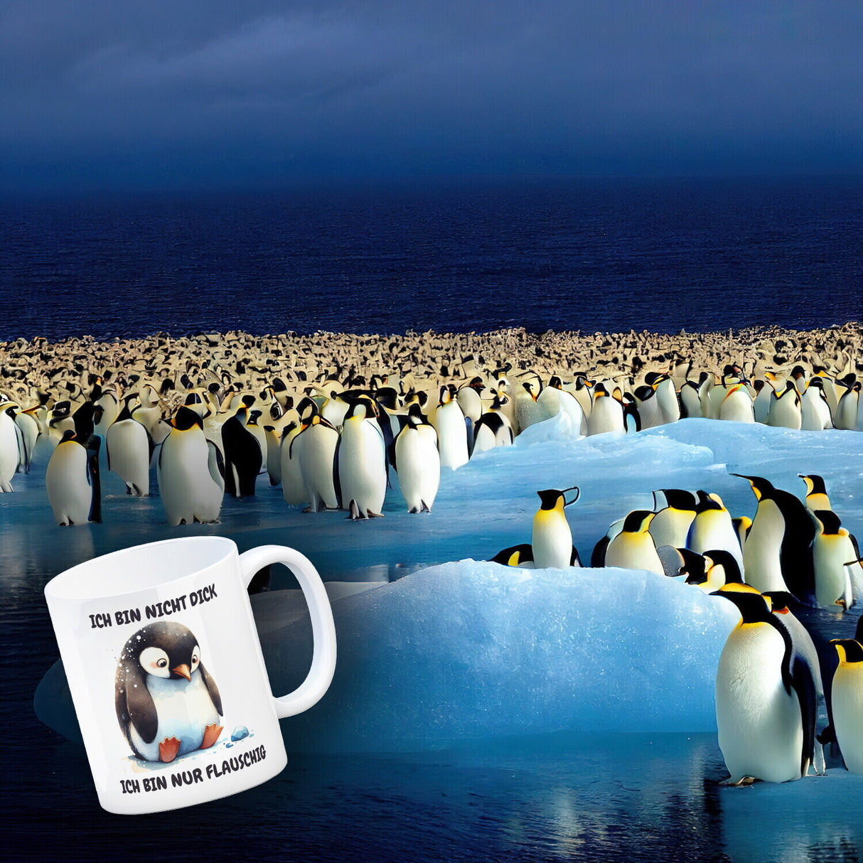 Flauschiger Pinguin Kaffeebecher mit Spruch Nicht dick nur flauschig