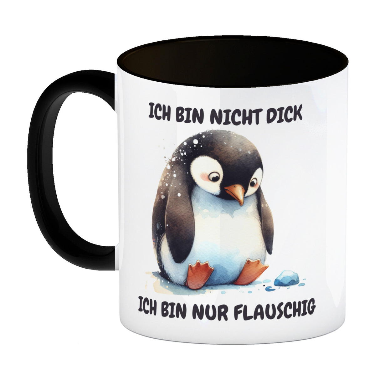 Flauschiger Pinguin Kaffeebecher mit Spruch Nicht dick nur flauschig
