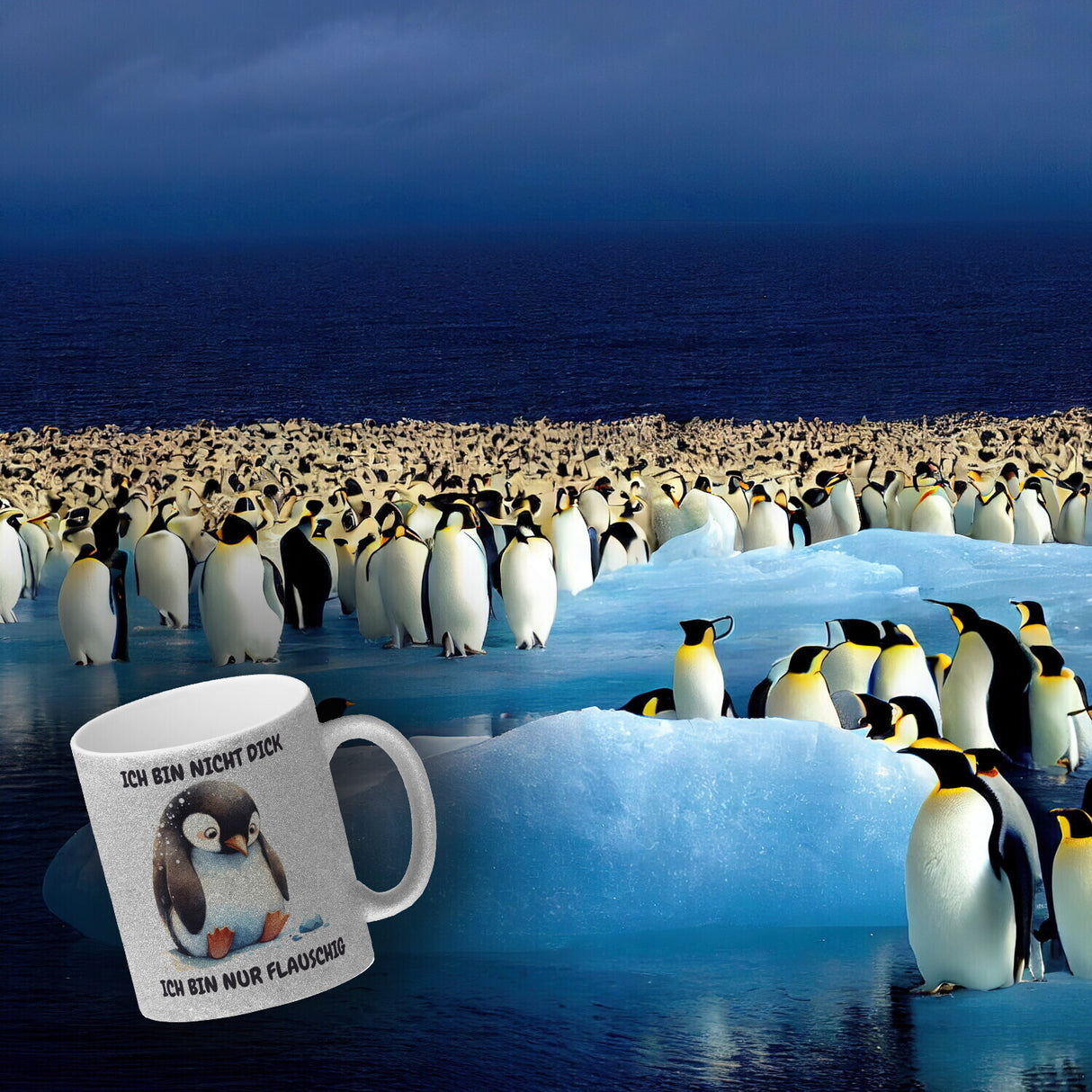 Flauschiger Pinguin Kaffeebecher mit Spruch Nicht dick nur flauschig