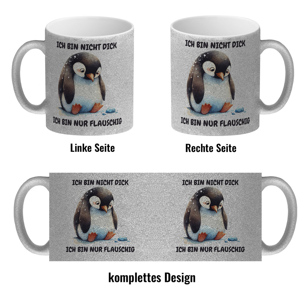 Flauschiger Pinguin Kaffeebecher mit Spruch Nicht dick nur flauschig
