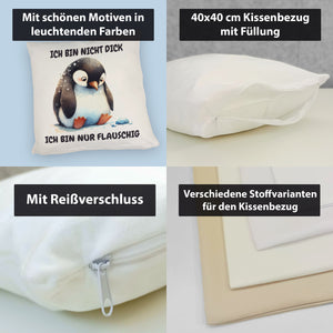 Flauschiger Pinguin Kissen mit Spruch Nicht dick sondern flauschig
