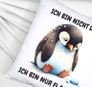 Flauschiger Pinguin Kissen mit Spruch Nicht dick sondern flauschig