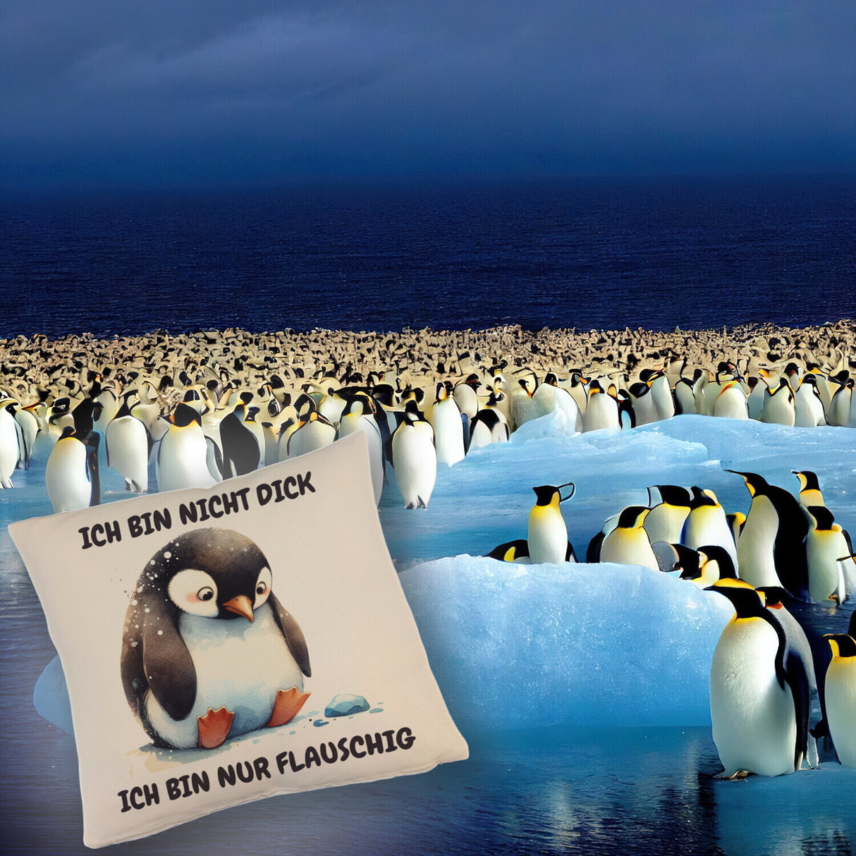 Flauschiger Pinguin Kissen mit Spruch Nicht dick sondern flauschig