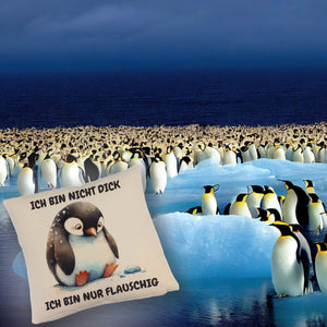Flauschiger Pinguin Kissen mit Spruch Nicht dick sondern flauschig