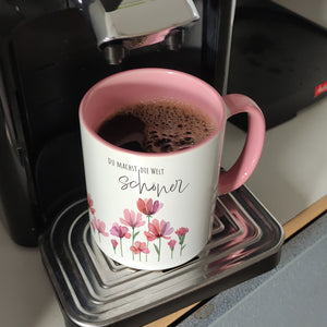 Aquarell Blumen Kaffeebecher mit Spruch Du machst die Welt schöner