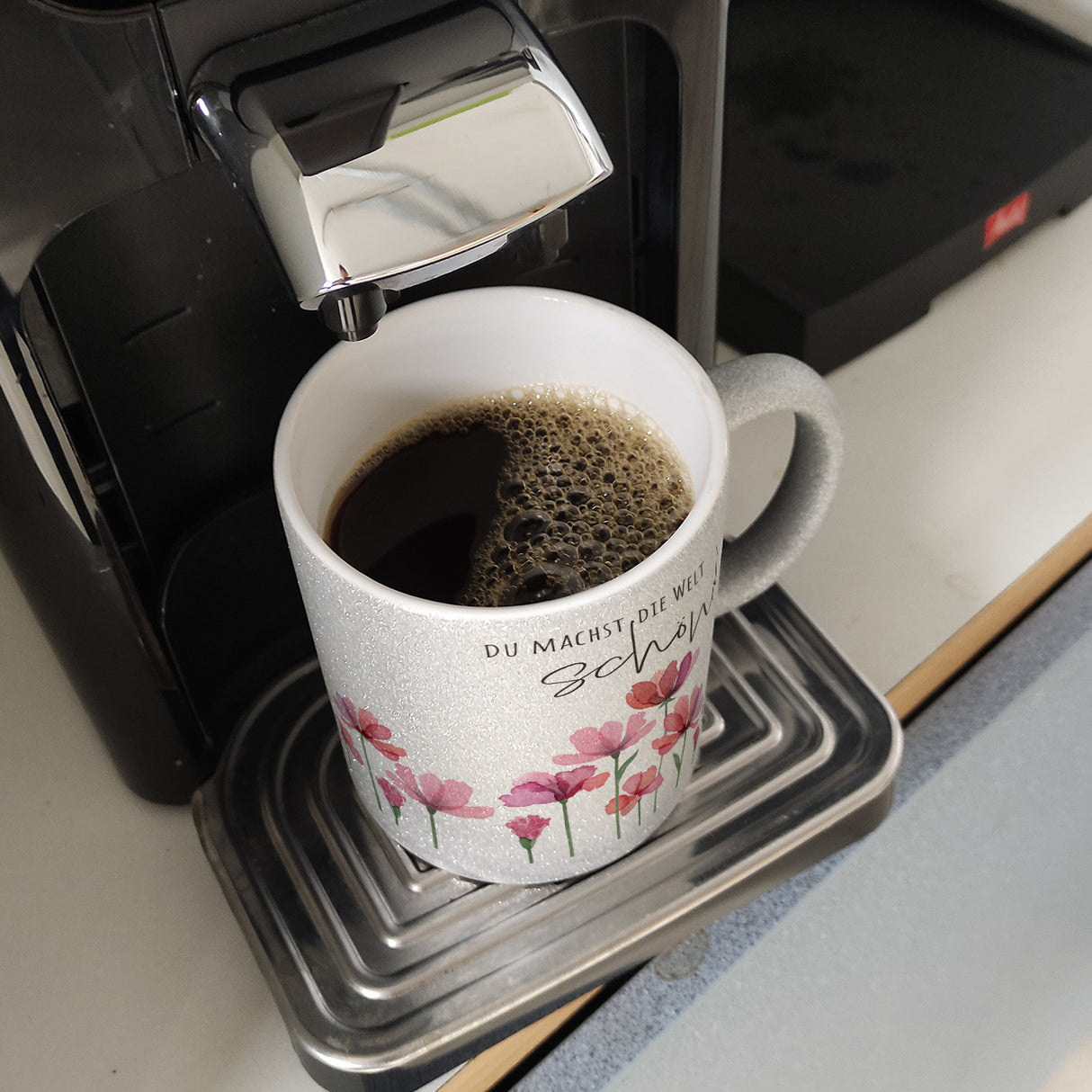 Aquarell Blumen Kaffeebecher mit Spruch Du machst die Welt schöner