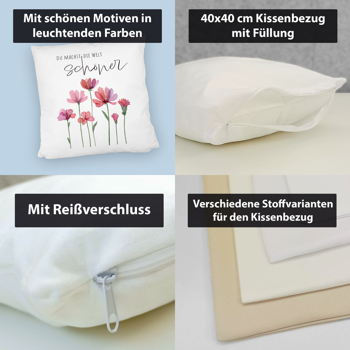 Aquarell Blumen Kissen mit Spruch Du machst die Welt schöner