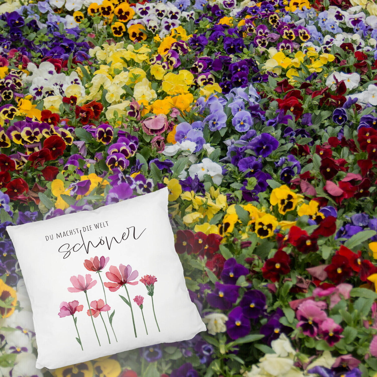 Aquarell Blumen Kissen mit Spruch Du machst die Welt schöner
