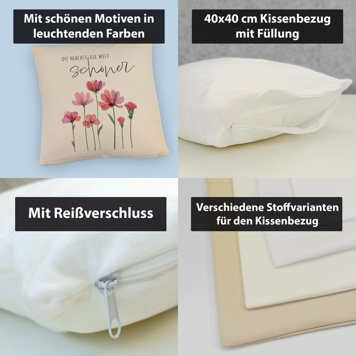 Aquarell Blumen Kissen mit Spruch Du machst die Welt schöner